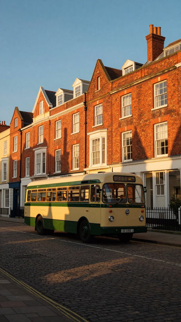 Golden Hour Street Scene in Bristol UK Featuring Vintage Victorian Architecture and Local Transit in in Bristol, United Kingdom