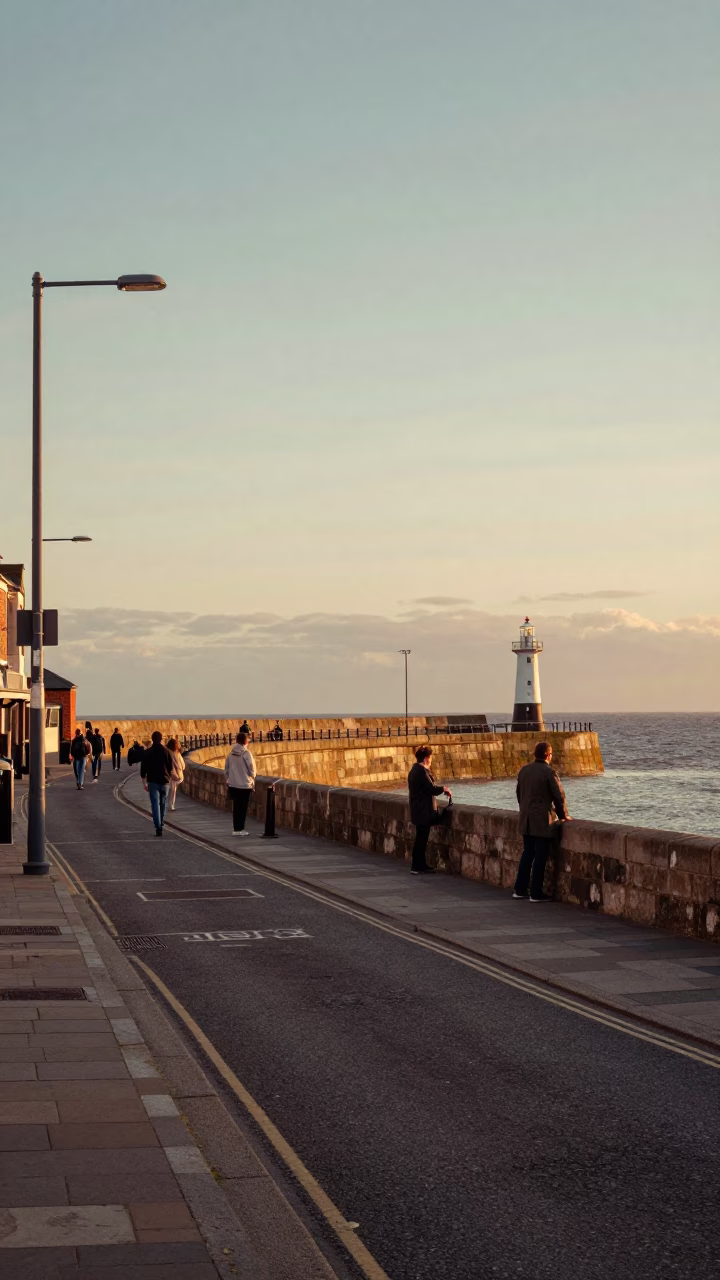 Golden Hour Street Scene in Bristol UK with Breakwater and Harbor Beacon in in Bristol, United Kingdom