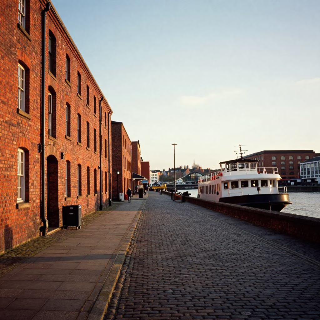 Golden Hour Street Scene in Bristol UK with Chain Ferry and Dockside Activity in in Bristol, United Kingdom