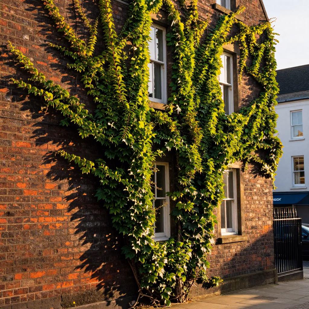 Golden Hour Street Scene in Bristol UK With Ivy Climbing Brick Wall in in Bristol, United Kingdom