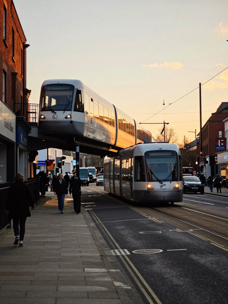 Golden Hour Street Scene in Bristol UK with Monorail and Sidewalk Details in in Bristol, United Kingdom