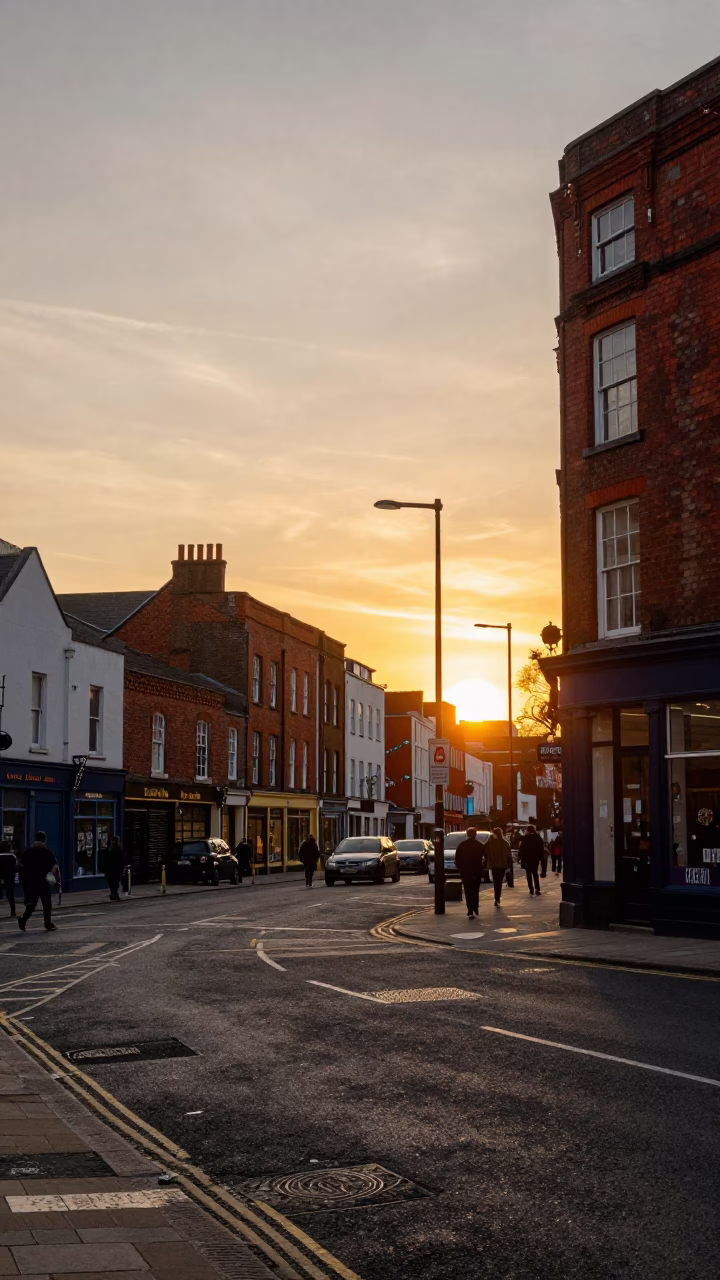 Golden hour street scene in Bristol UK with vintage 1990s aesthetic and urban architecture in in Bristol, United Kingdom