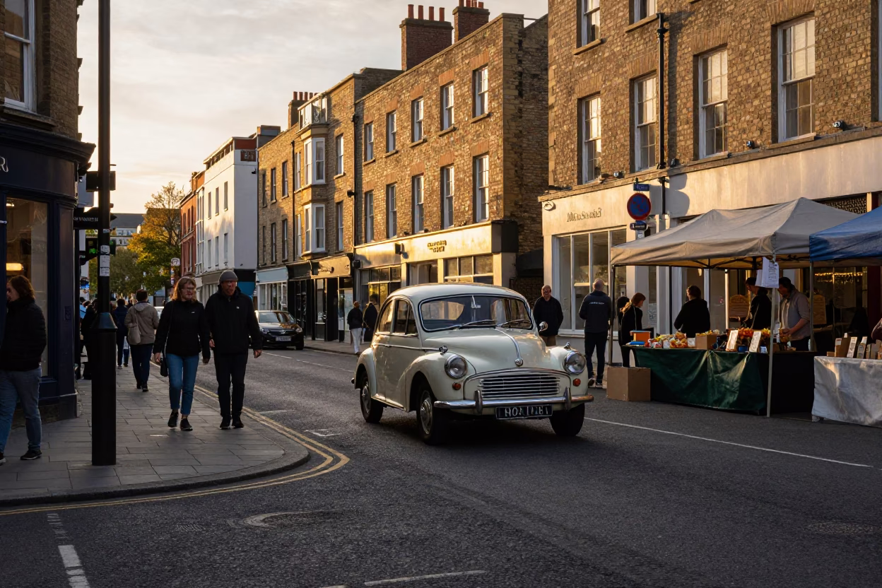 Golden Hour Street Scene in Bristol UK with Vintage Car and Local Market Activity in in Bristol, United Kingdom