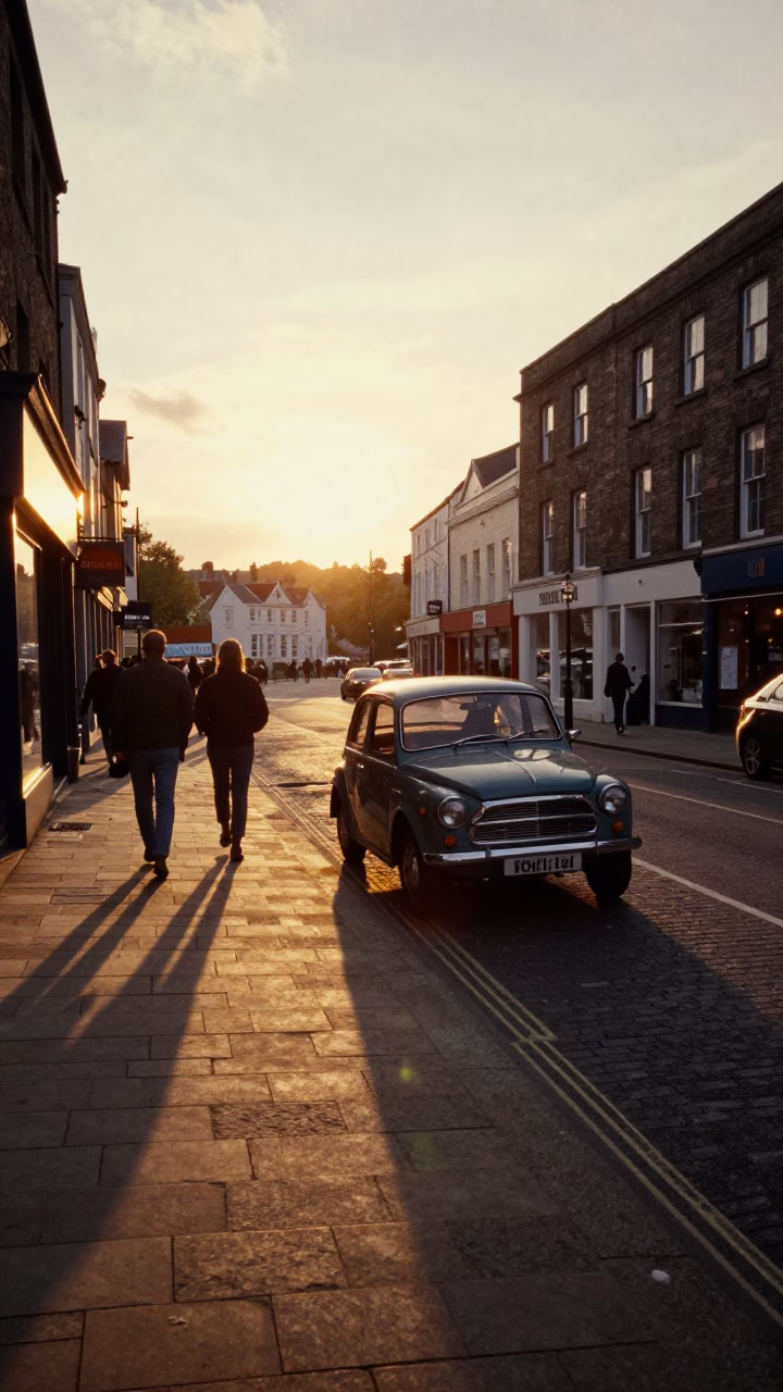 Golden Hour Street Scene in Bristol UK with Vintage Car and Local Shopfront in in Bristol, United Kingdom