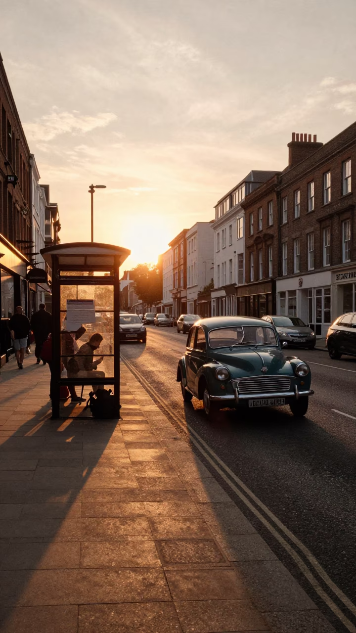 Golden Hour Street Scene in Bristol UK with Vintage Cars and Brick Architecture in in Bristol, United Kingdom