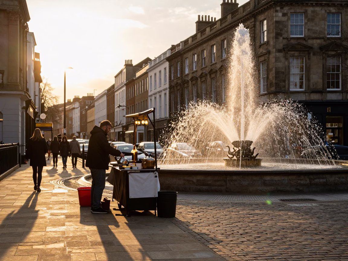 Golden Hour Street Scene in Bristol United Kingdom with Tea Kettle and Fountain Spray in in Bristol, United Kingdom