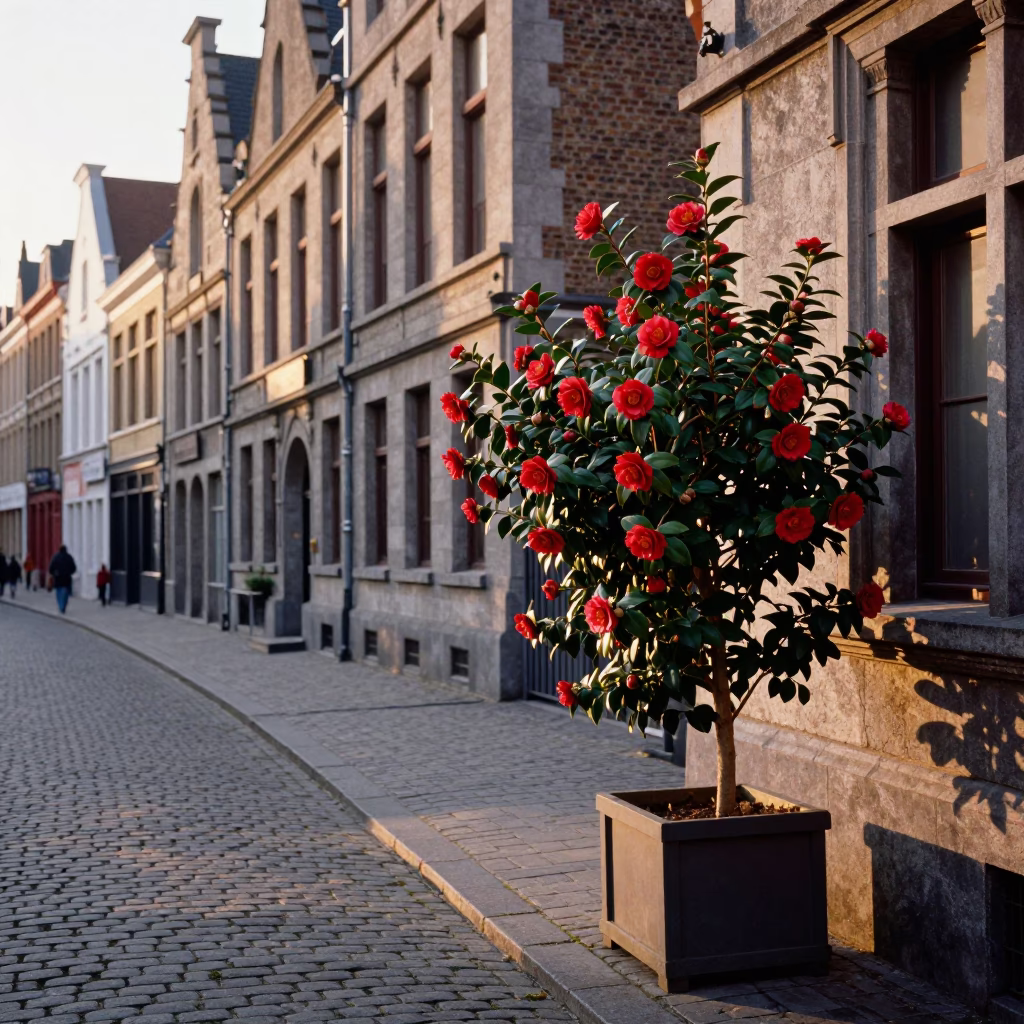 Golden Hour Street Scene in Brussels Belgium with Camellia and Daily Life in in Brussels, Belgium