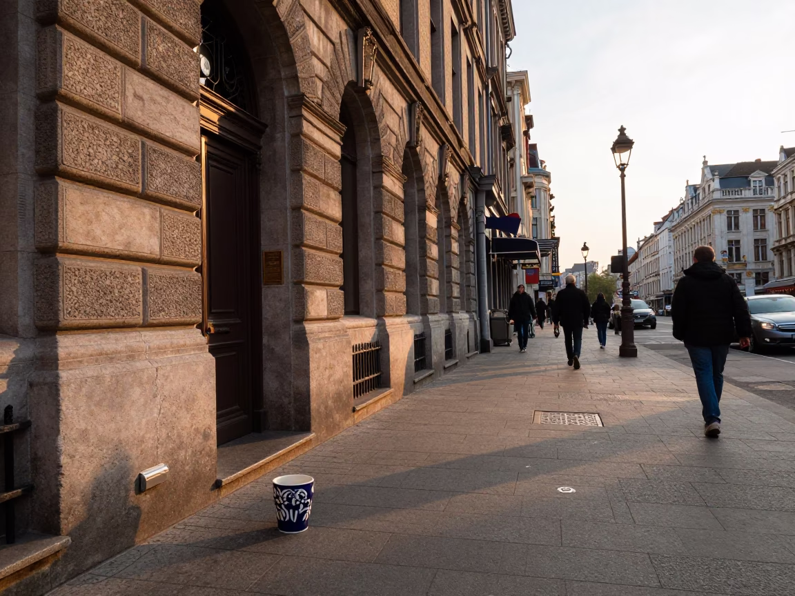 Golden Hour Street Scene in Brussels Belgium with Ceramic Cup and Steel Details in in Brussels, Belgium