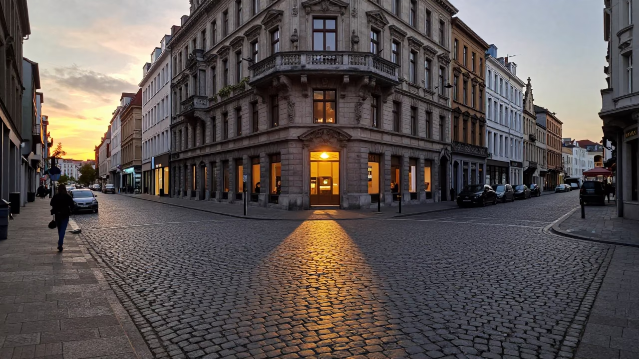 Golden Hour Street Scene in Brussels Belgium with Cobblestones and Evening Light in in Brussels, Belgium