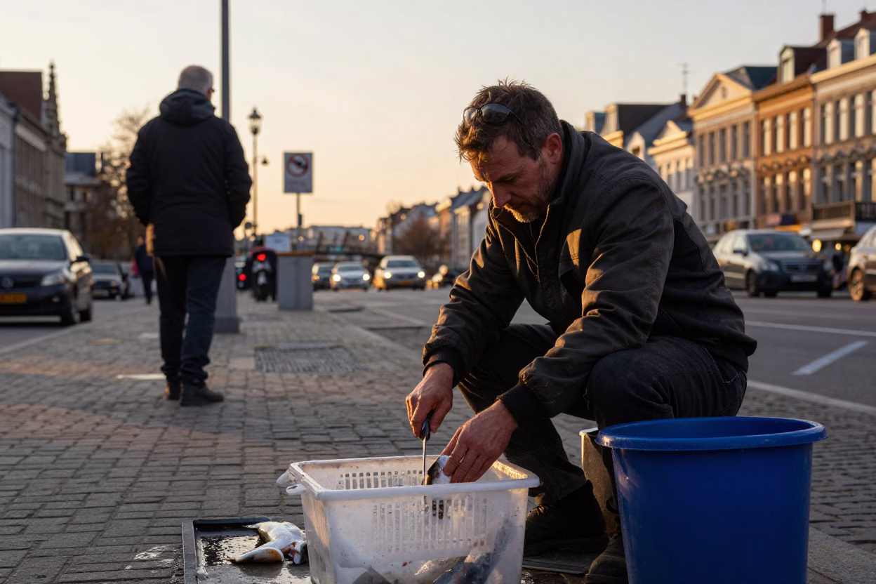 Golden Hour Street Scene in Brussels Belgium with Fisherman and Bridge in in Brussels, Belgium