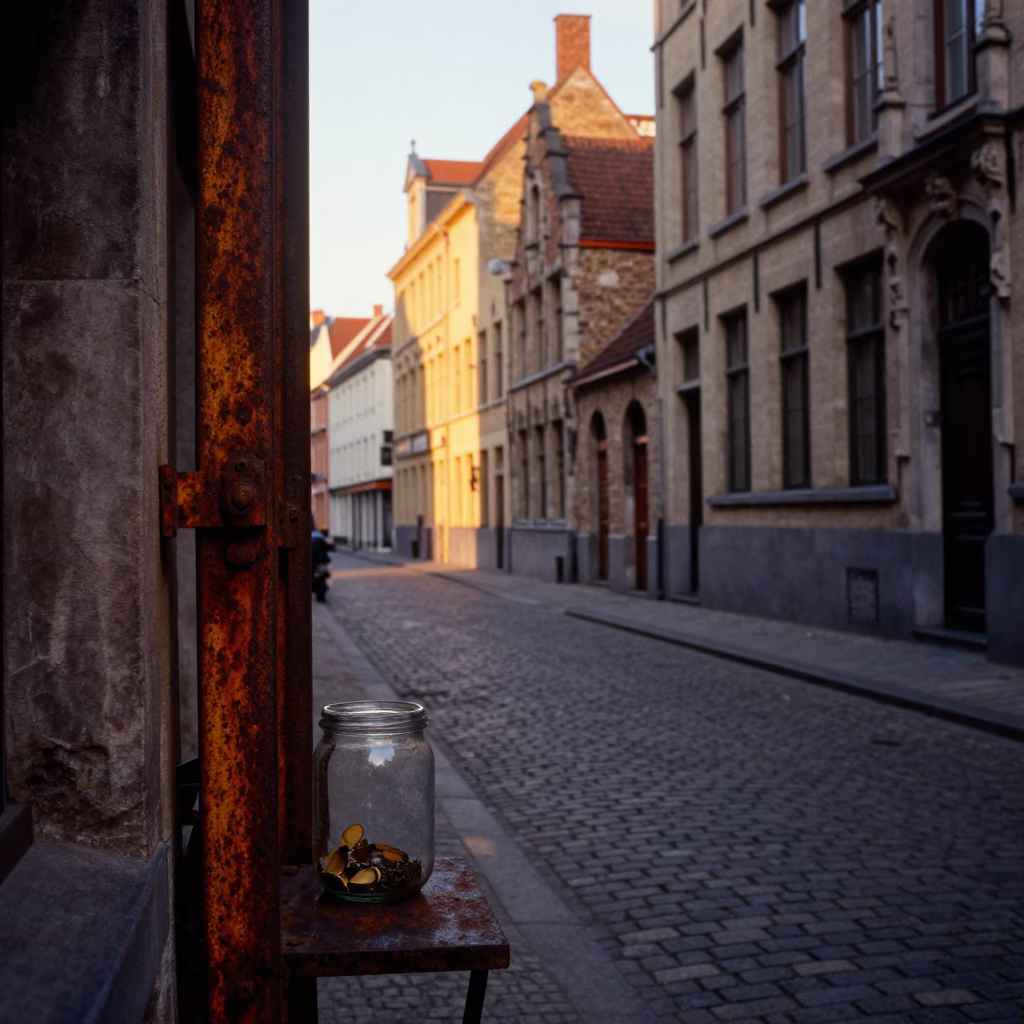 Golden Hour Street Scene in Brussels Belgium with Rusty Doorframe and Glass Jar in in Brussels, Belgium