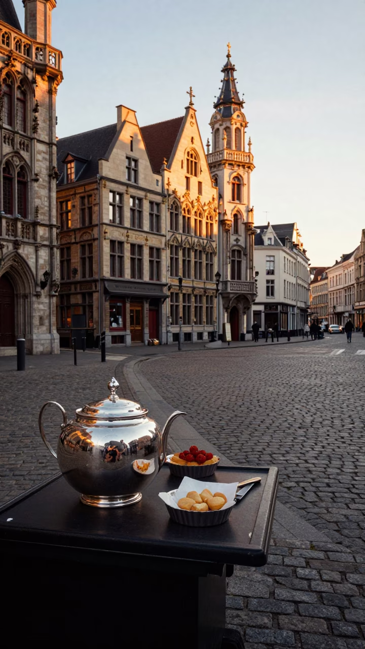 Golden Hour Street Scene in Brussels Belgium with Sugar Bowl and Tart Tin in in Brussels, Belgium
