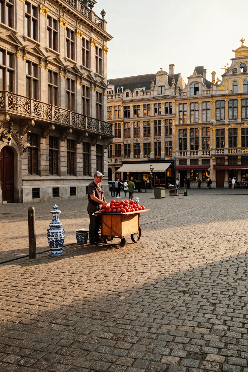 Golden Hour Street Scene in Brussels Belgium with Tomato Vendor and Blue Porcelain in in Brussels, Belgium