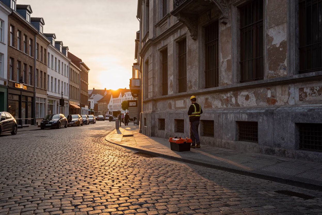 Golden Hour Street Scene in Brussels Belgium with Toolbox and Cobblestone Architecture in in Brussels, Belgium