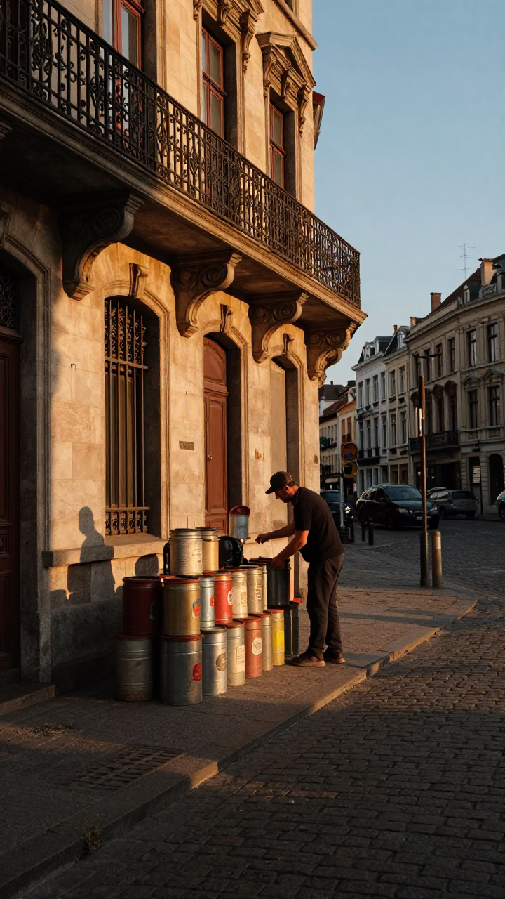 Golden Hour Street Scene in Brussels Belgium with Vintage Canisters and Urban Life in in Brussels, Belgium
