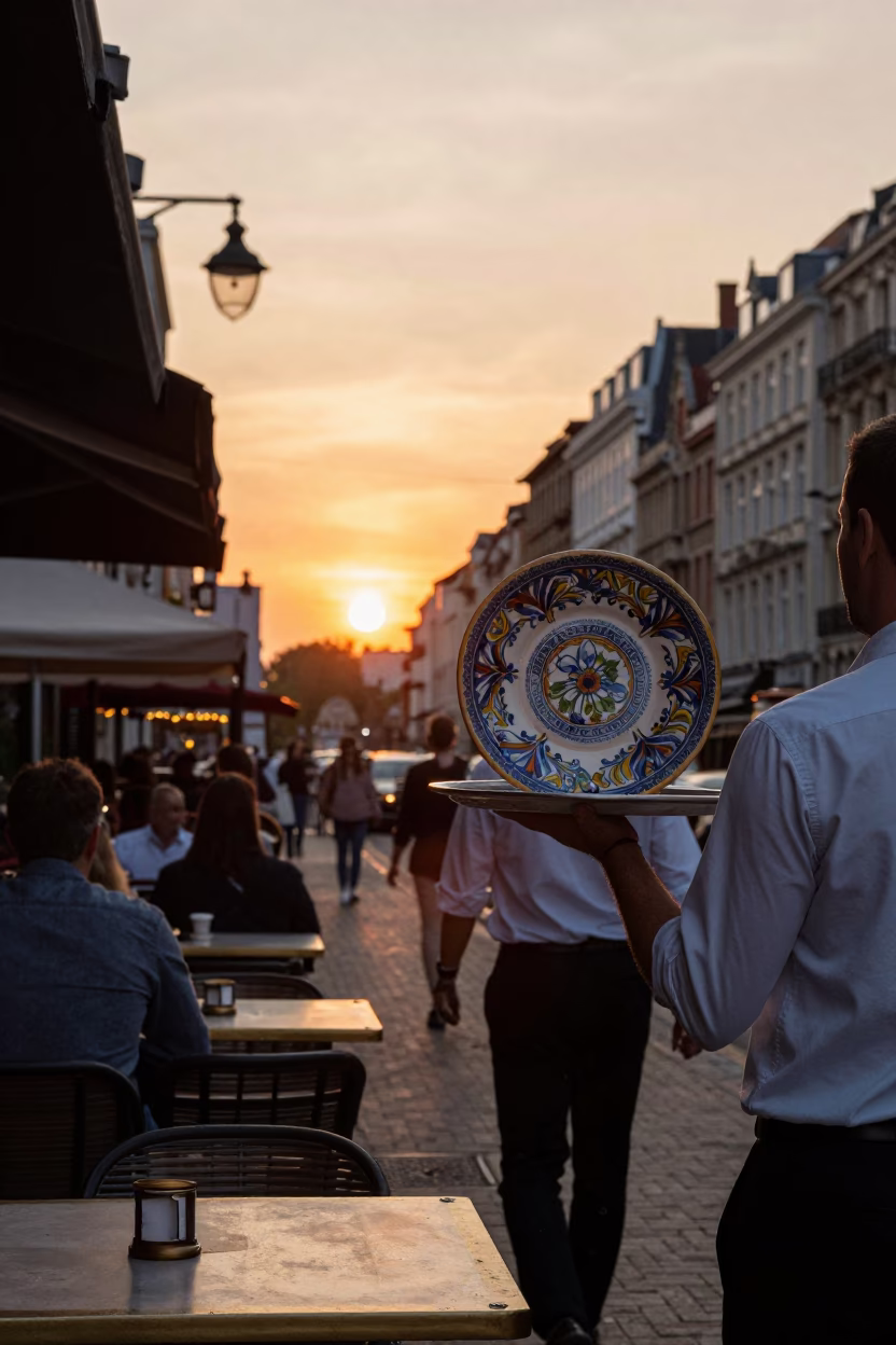 Golden Hour Street Scene in Brussels Belgium with Vintage Italian Majolica Plate in in Brussels, Belgium