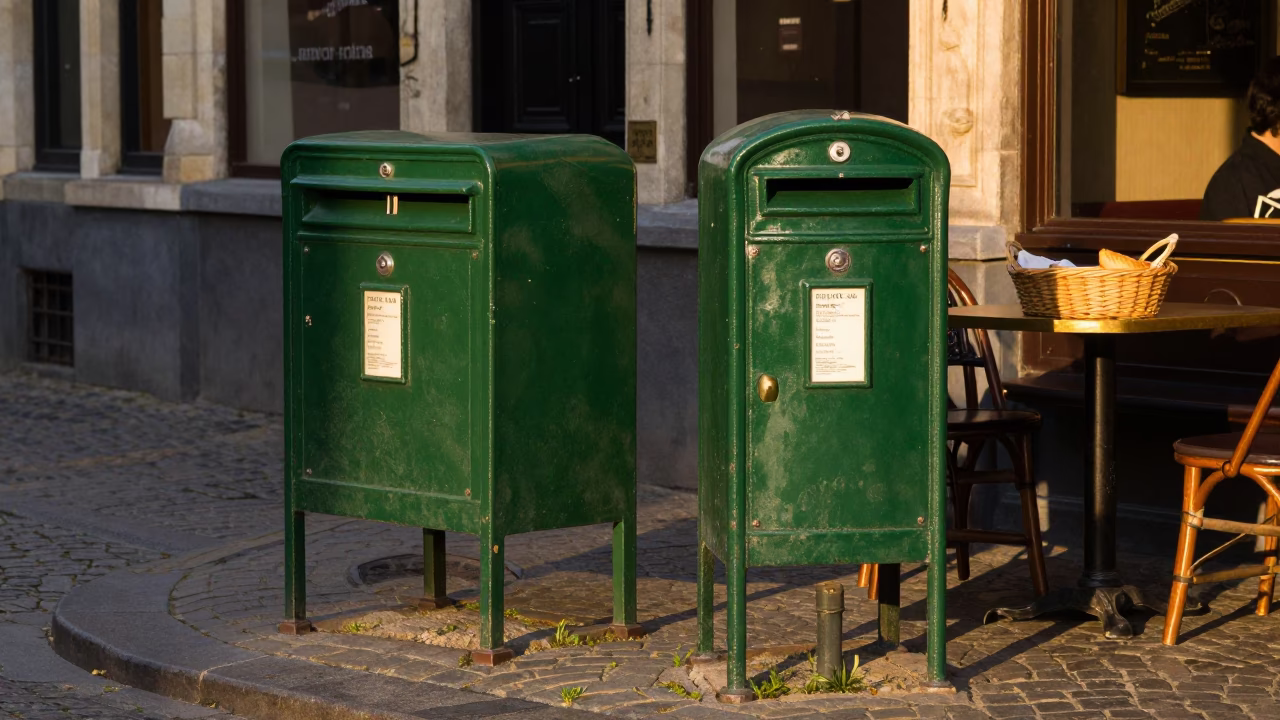 Golden Hour Street Scene in Brussels Belgium with Vintage Mailbox and Bread Basket in in Brussels, Belgium