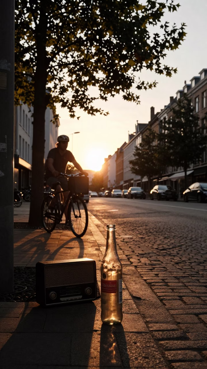 Golden Hour Street Scene in Brussels Belgium with Vintage Radio and Leaf Shadows in in Brussels, Belgium
