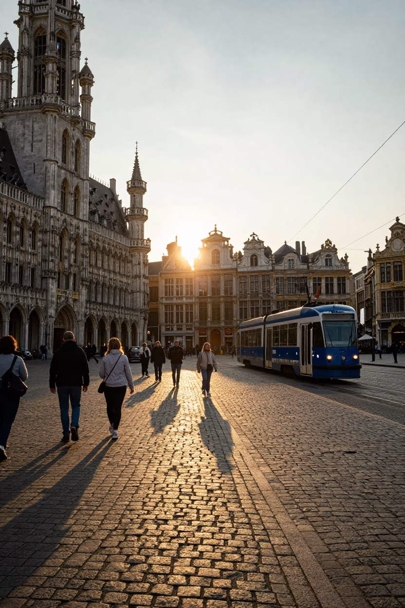 Golden hour street scene in Brussels Belgium with vintage tram and pedestrians in in Brussels, Belgium