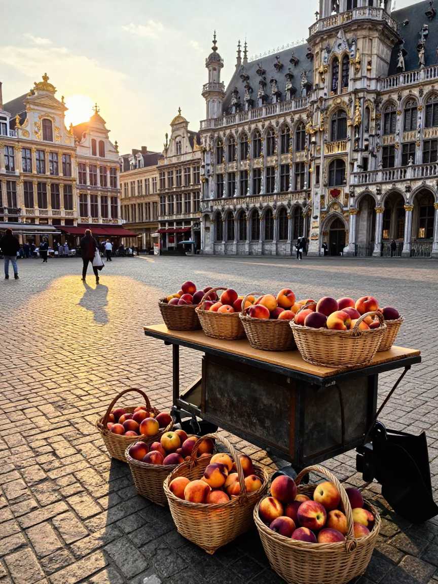 Golden Hour Street Scene in Brussels Belgium with Woven Baskets and Nectarines in in Brussels, Belgium