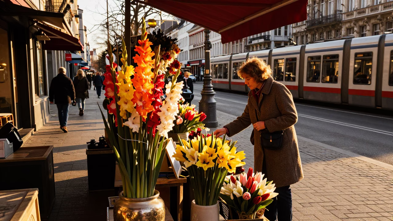 Golden Hour Street Scene in Brussels with Gladiolus and Vintage Details in in Brussels, Belgium