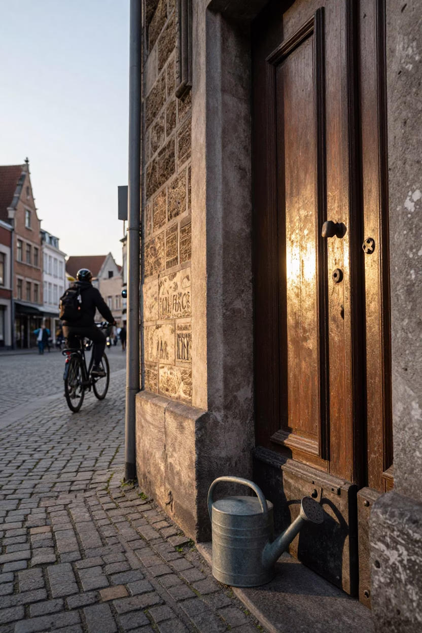 Golden Hour Street Scene in Brussels With Watering Jug And Iron Deadbolt in in Brussels, Belgium