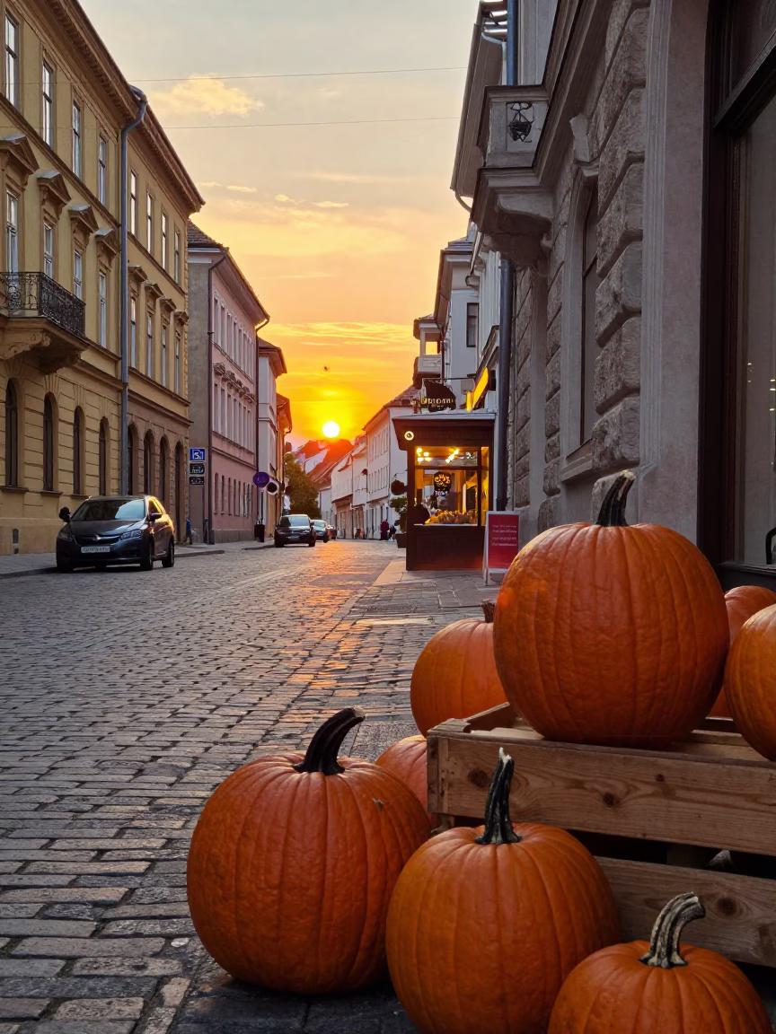 Golden Hour Street Scene in Budapest Hungary with Autumn Pumpkins and Historic Architecture in in Budapest, Hungary