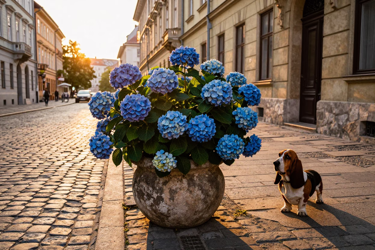 Golden Hour Street Scene in Budapest Hungary with Blue Hydrangeas and Basset Hound in in Budapest, Hungary