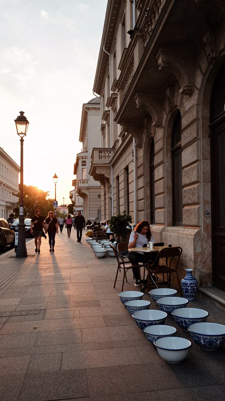 Golden Hour Street Scene in Budapest Hungary with Enamel Bowls and Blue Porcelain in in Budapest, Hungary
