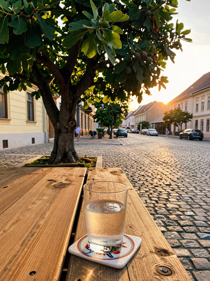 Golden Hour Street Scene in Budapest Hungary with Fig Tree and Coaster in in Budapest, Hungary