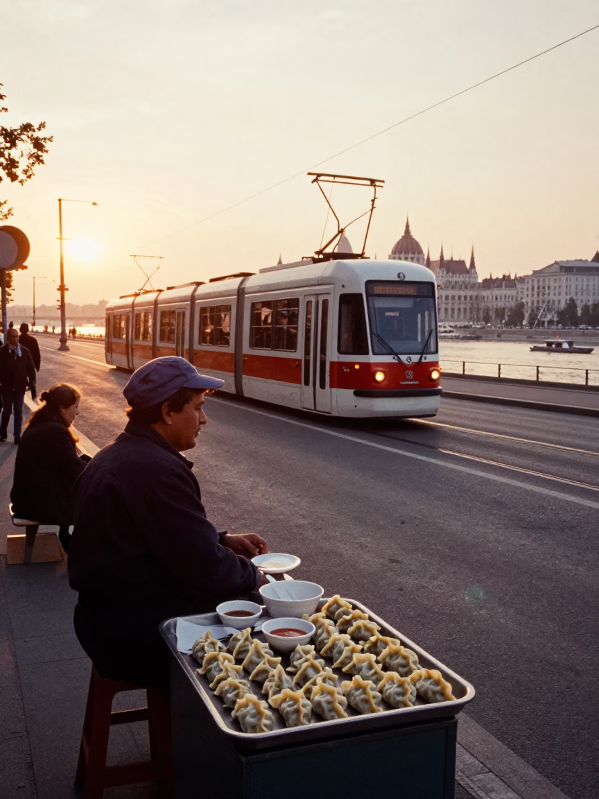 Golden Hour Street Scene in Budapest Hungary with Monorail and River in in Budapest, Hungary