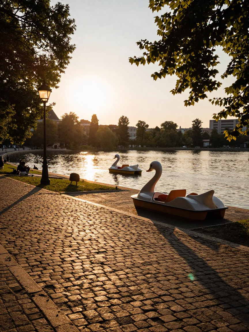 Golden Hour Street Scene in Budapest Hungary with Park Lake and Pedal Boats in in Budapest, Hungary