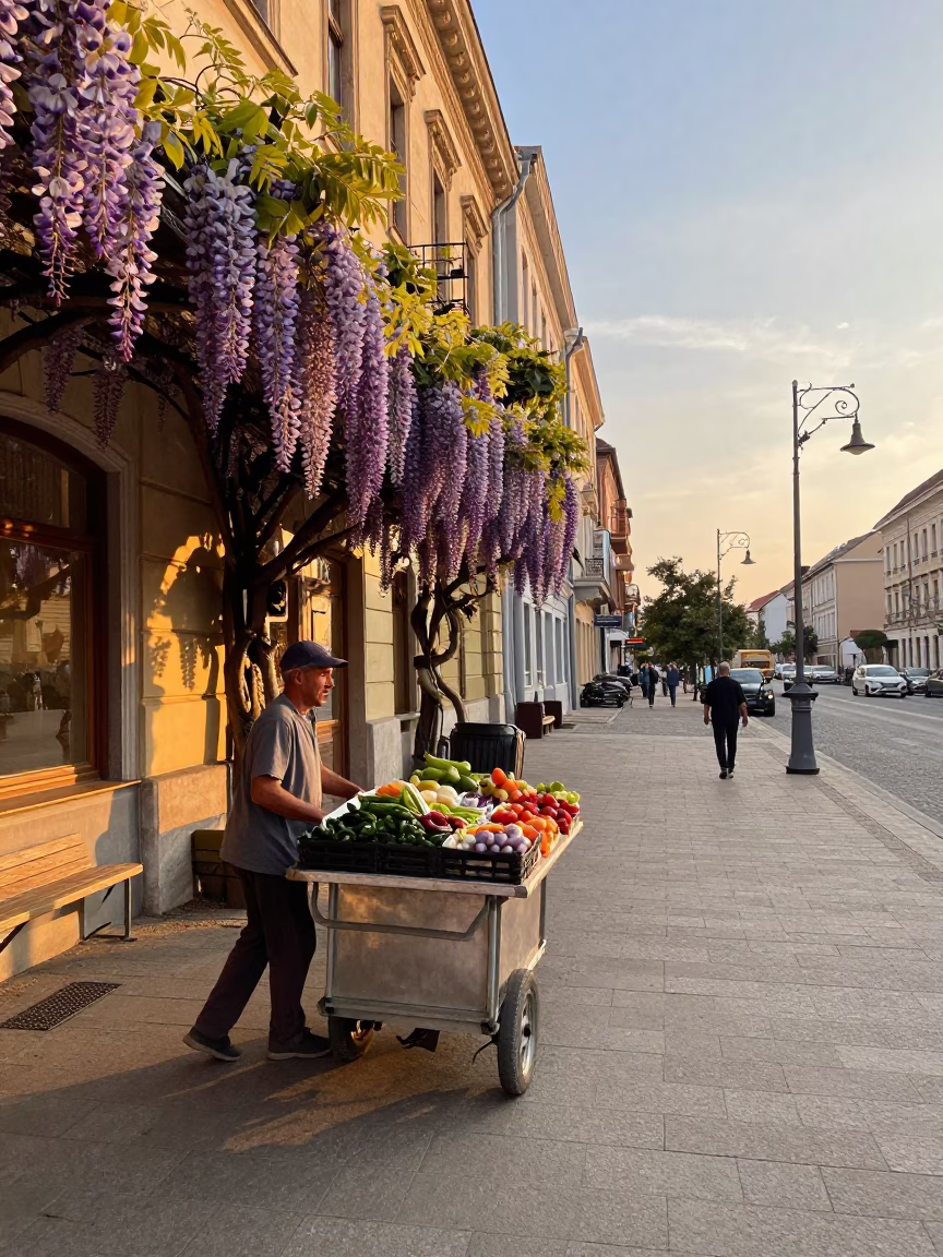 Golden Hour Street Scene in Budapest Hungary with Rolling Carts and Wisteria in in Budapest, Hungary