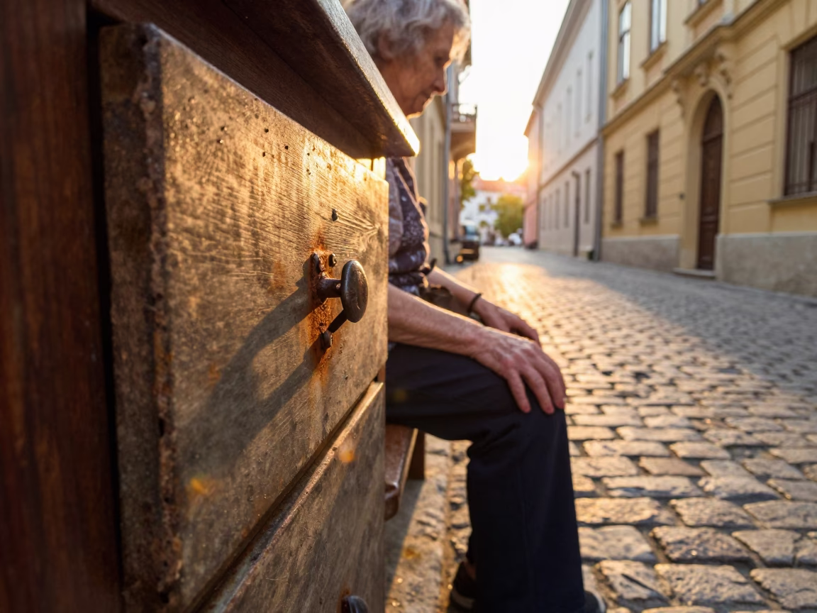 Golden Hour Street Scene in Budapest Hungary with Rusty Drawer Pull and Dust in in Budapest, Hungary