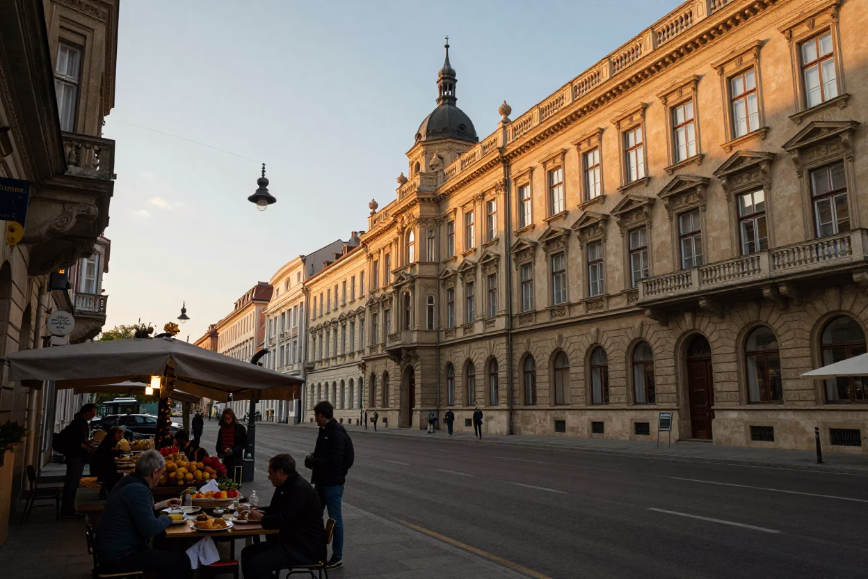 Golden Hour Street Scene in Budapest Hungary with Traditional Food and Architecture in in Budapest, Hungary