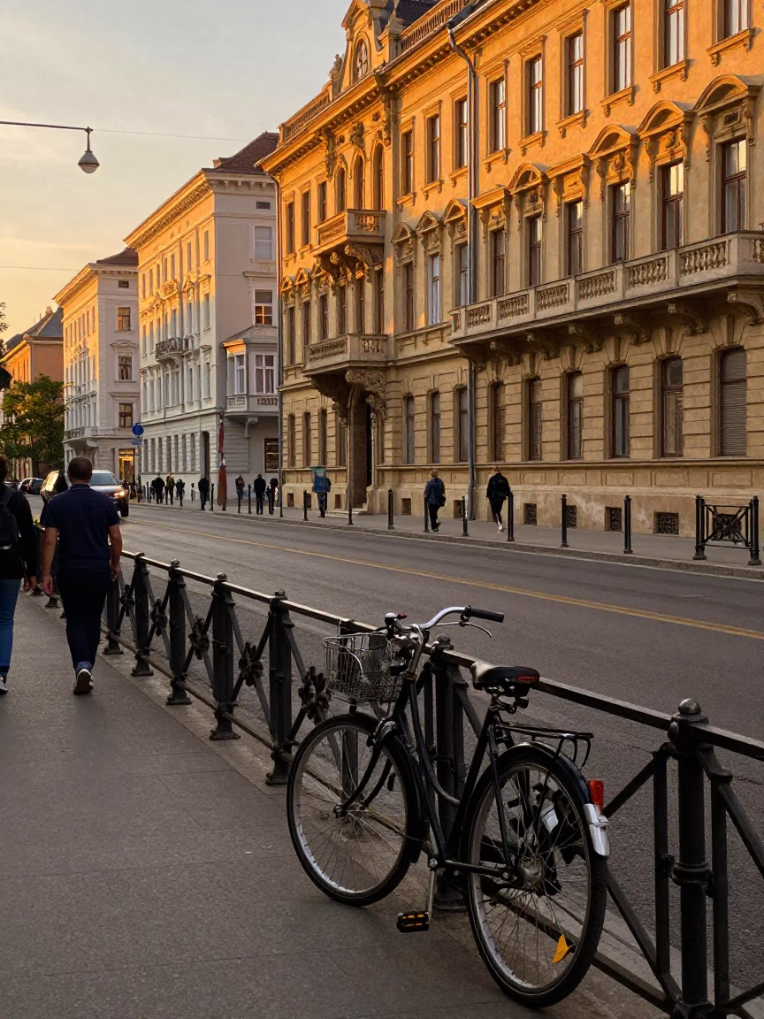 Golden Hour Street Scene in Budapest Hungary with Vintage Details in in Budapest, Hungary