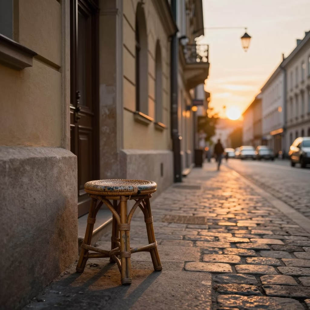 Golden Hour Street Scene in Budapest Hungary with Vintage Rattan Stool and Teacups in in Budapest, Hungary