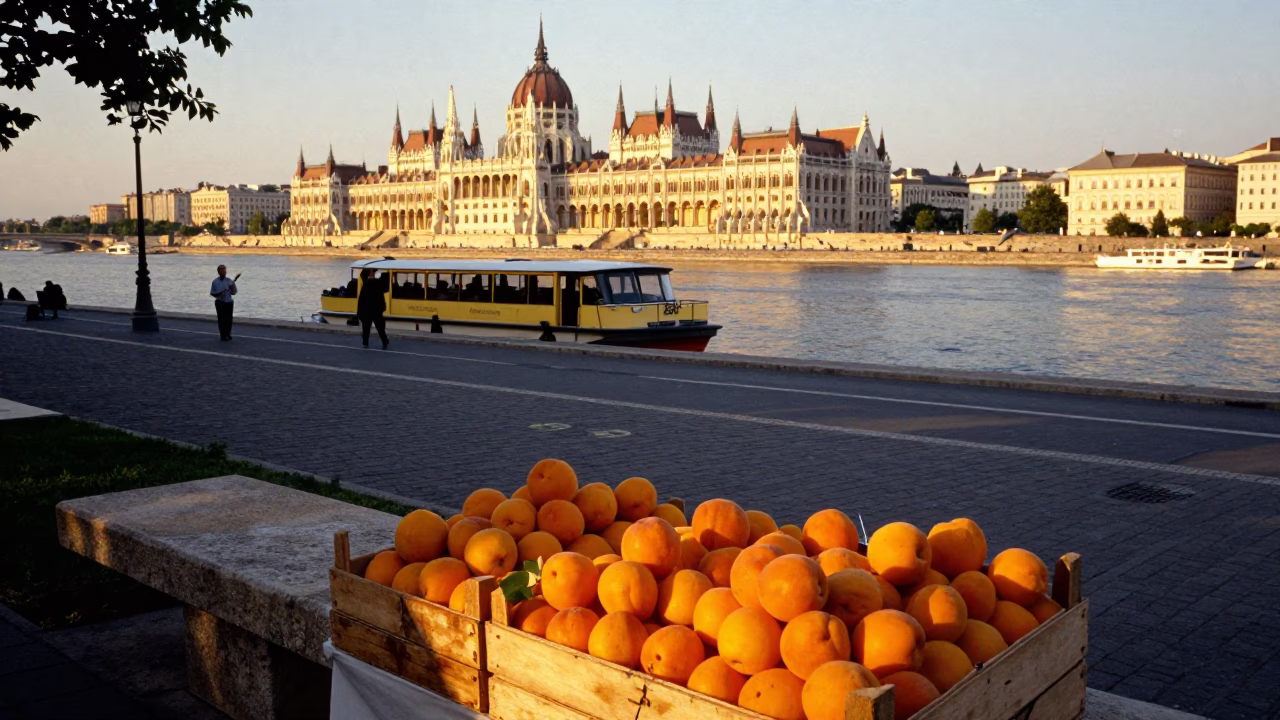 Golden Hour Street Scene in Budapest Hungary with Water Taxi and Apricots in in Budapest, Hungary