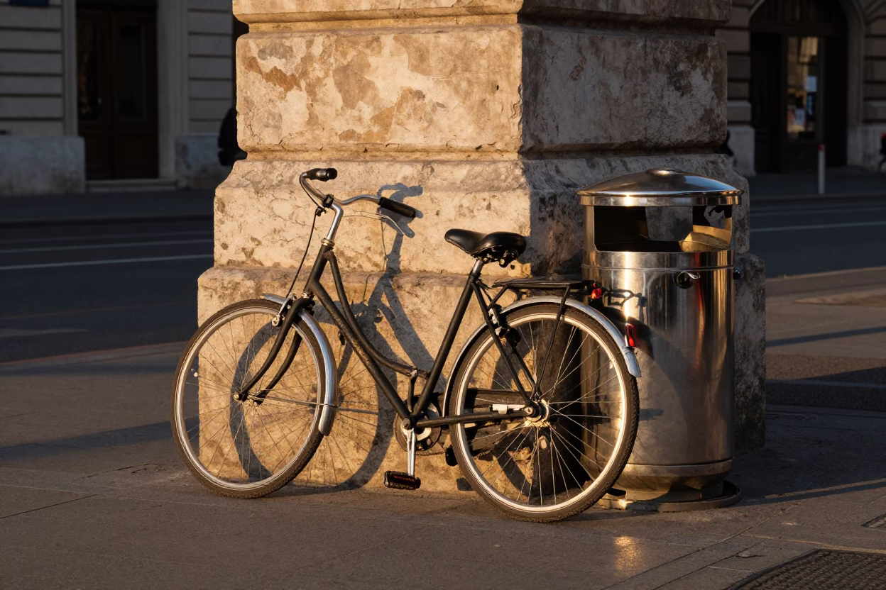 Golden Hour Street Scene in Budapest with Bicycle and Steel Reflection in in Budapest, Hungary