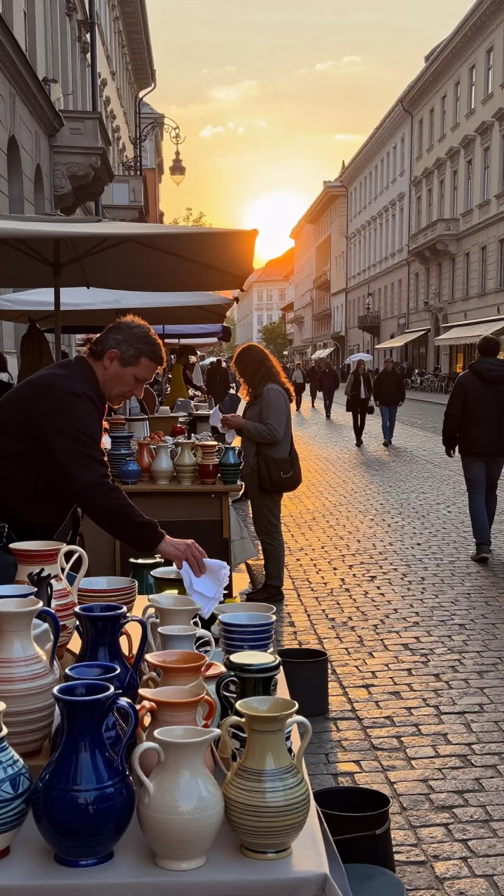 Golden Hour Street Scene in Budapest with Ceramic Pitcher and Handkerchief in in Budapest, Hungary