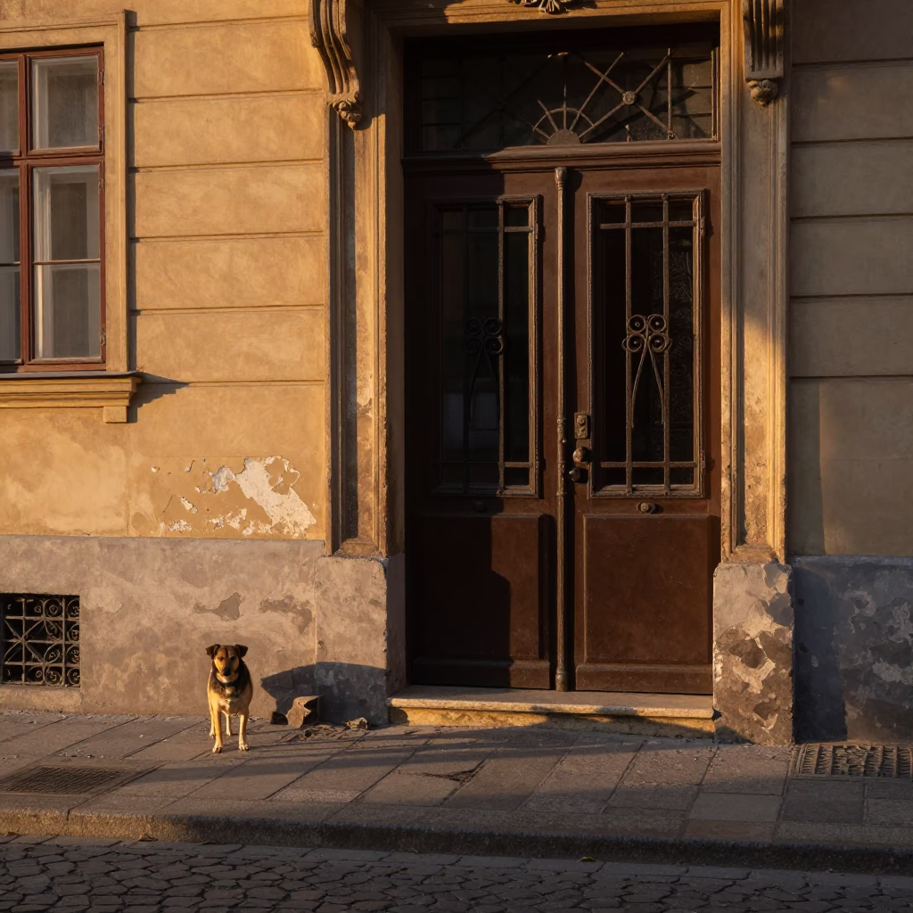 Golden Hour Street Scene in Budapest with Dog and Iron Door Detail in in Budapest, Hungary