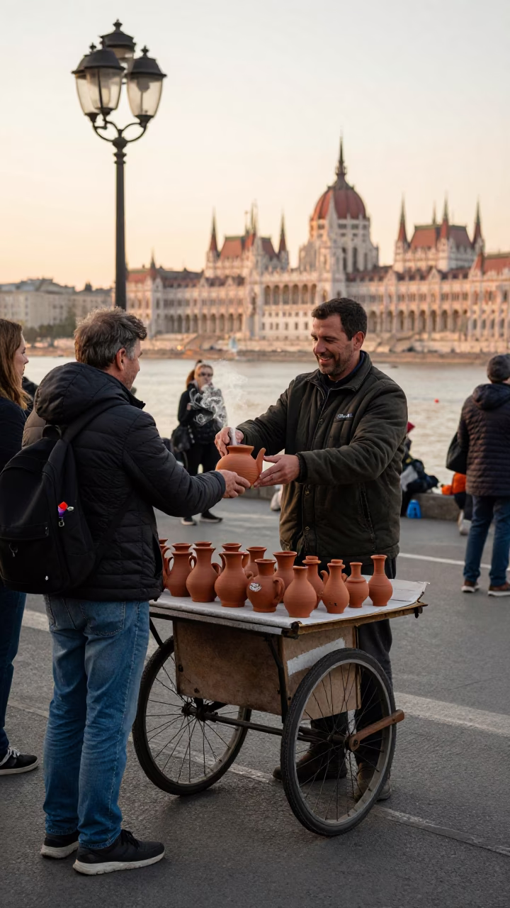 Golden Hour Street Scene in Budapest with Local Vendor and Traditional Clay Teapot in in Budapest, Hungary