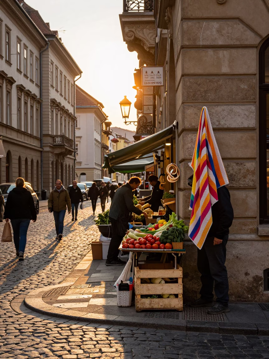 Golden hour street scene in Budapest with shopkeeper and striped towel in in Budapest, Hungary
