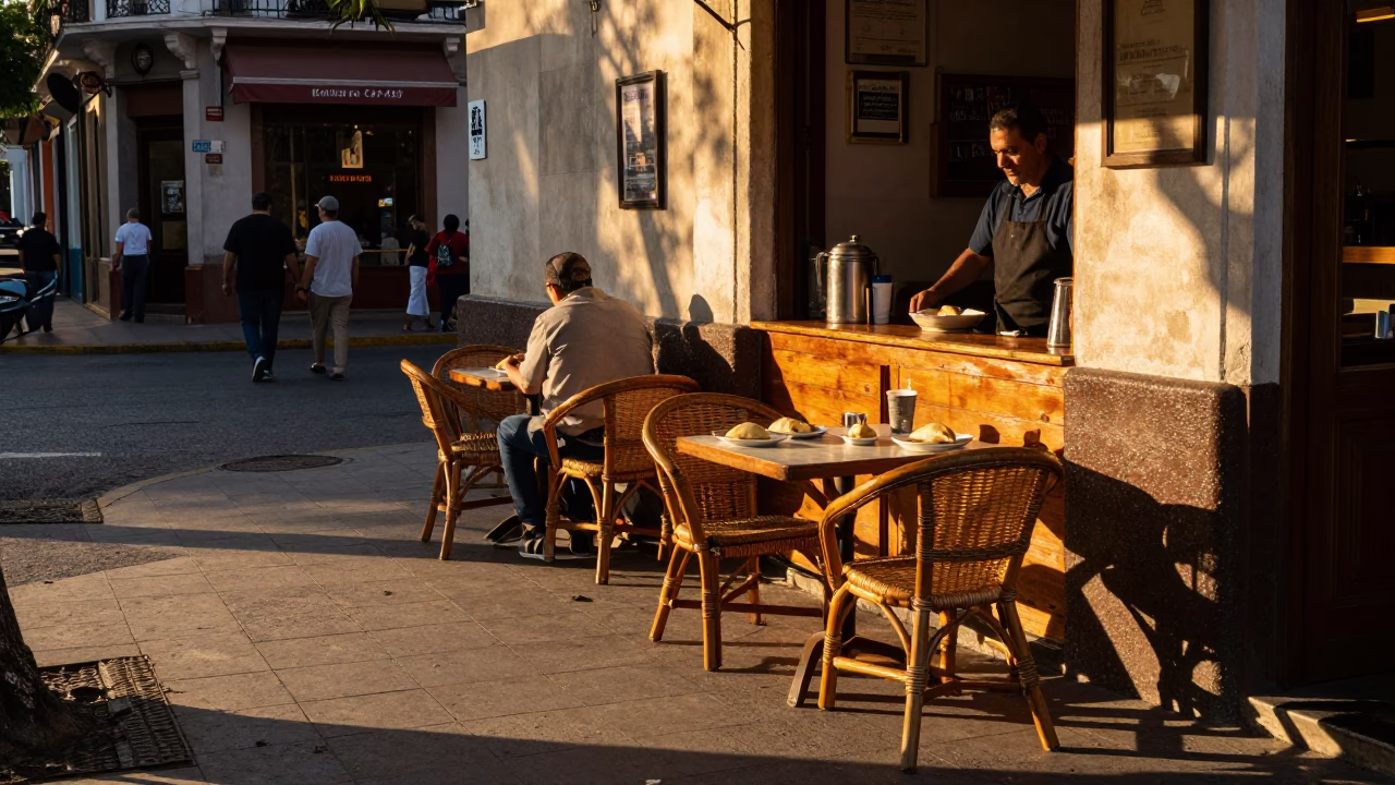 Golden Hour Street Scene in Buenos Aires Argentina with Empanadas and Rattan Chair in in Buenos Aires, Argentina