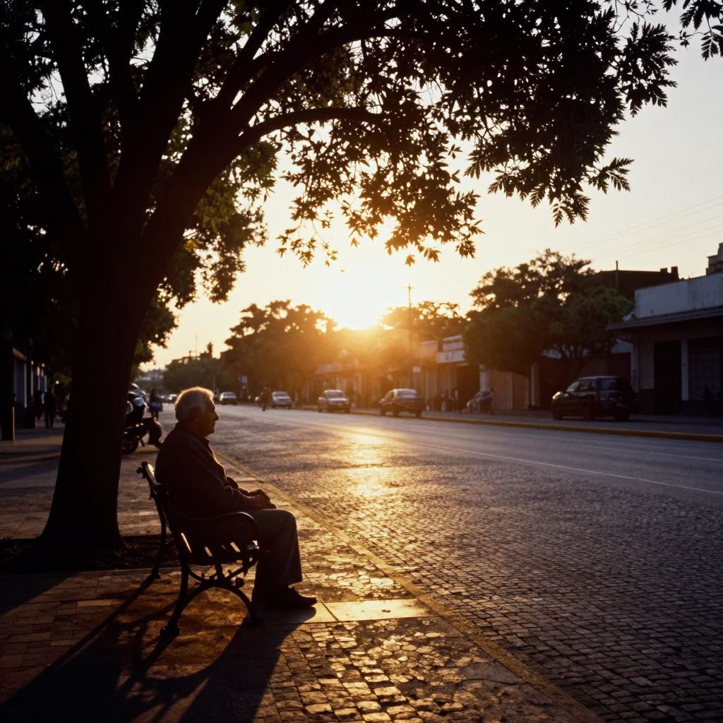 Golden Hour Street Scene in Buenos Aires Argentina with Leaf Shadows and Local Life in in Buenos Aires, Argentina
