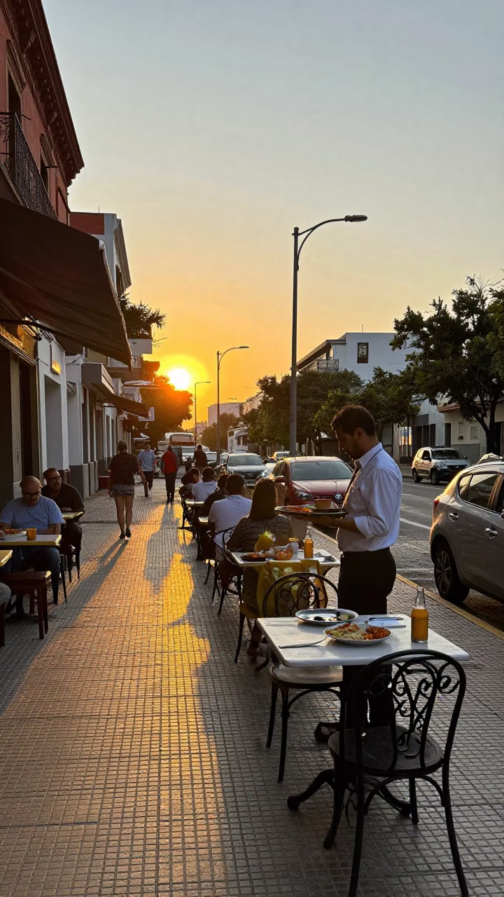Golden Hour Street Scene in Buenos Aires Argentina with Local Dining Details in in Buenos Aires, Argentina