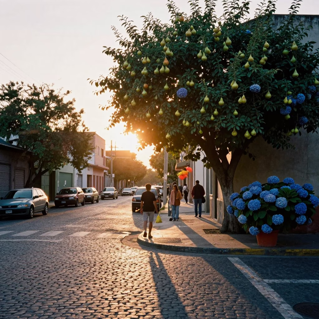 Golden Hour Street Scene in Buenos Aires Argentina with Pears and Blue Hydrangeas in in Buenos Aires, Argentina