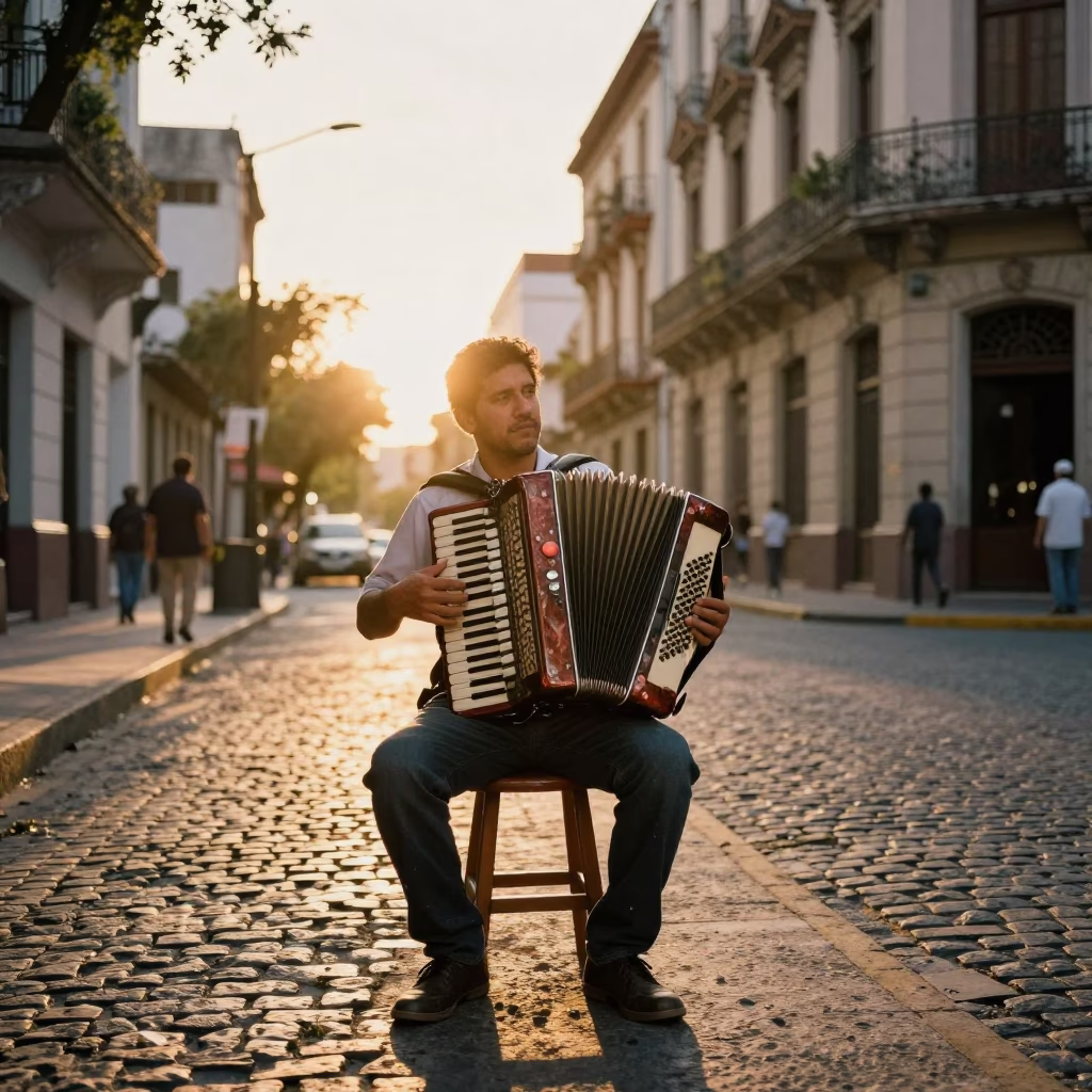 Golden Hour Street Scene in Buenos Aires Argentina with Vintage Accordion Player in in Buenos Aires, Argentina