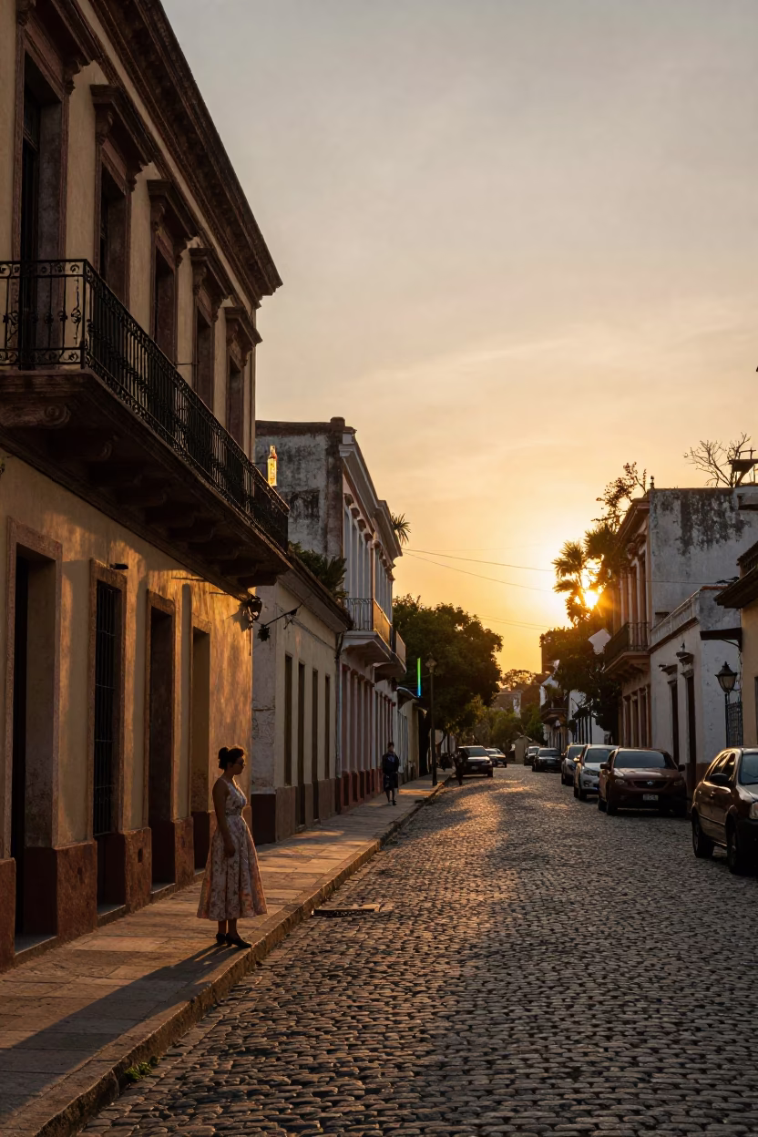 Golden Hour Street Scene in Buenos Aires Argentina with Vintage Bottle and Beaded Sandals in in Buenos Aires, Argentina