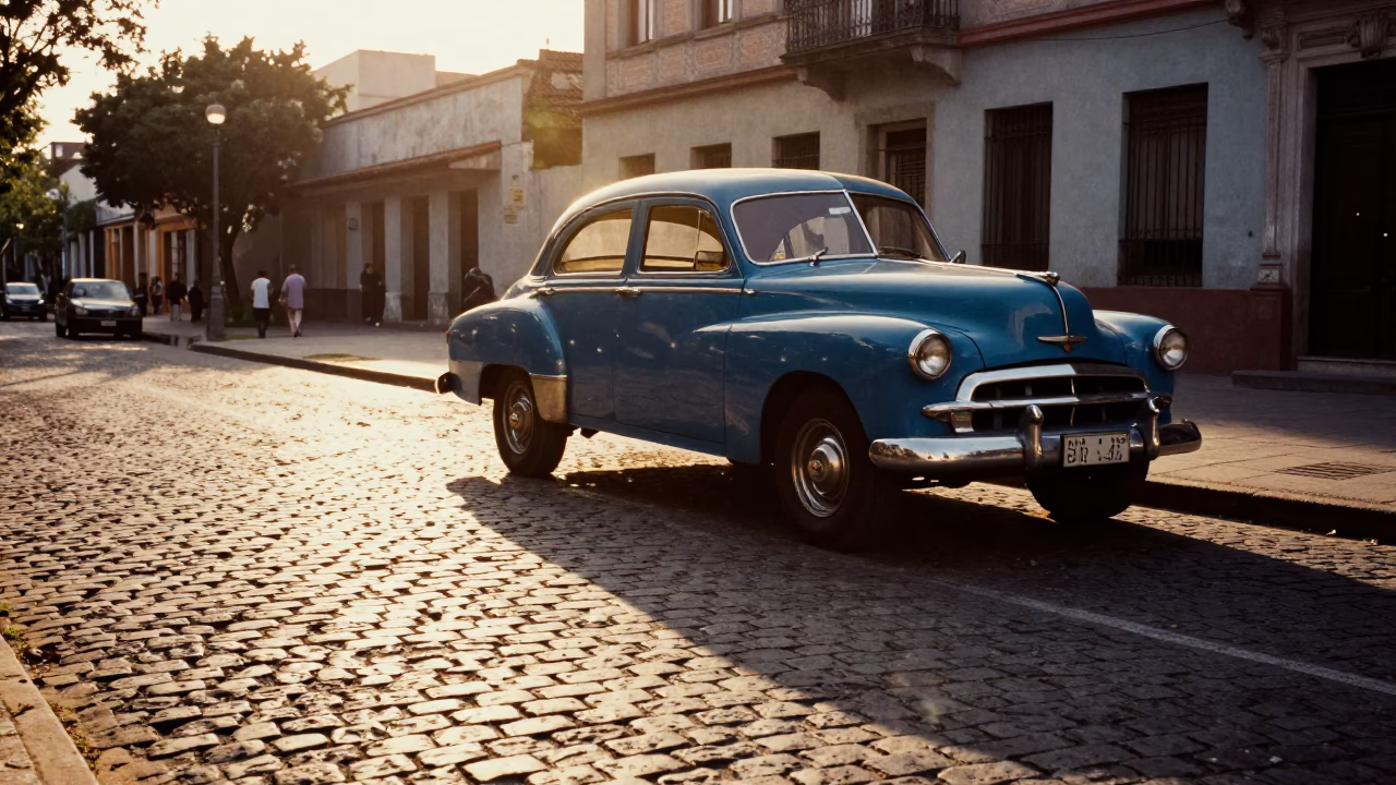 Golden Hour Street Scene in Buenos Aires Argentina with Vintage Car and Cobblestone Plaza in in Buenos Aires, Argentina